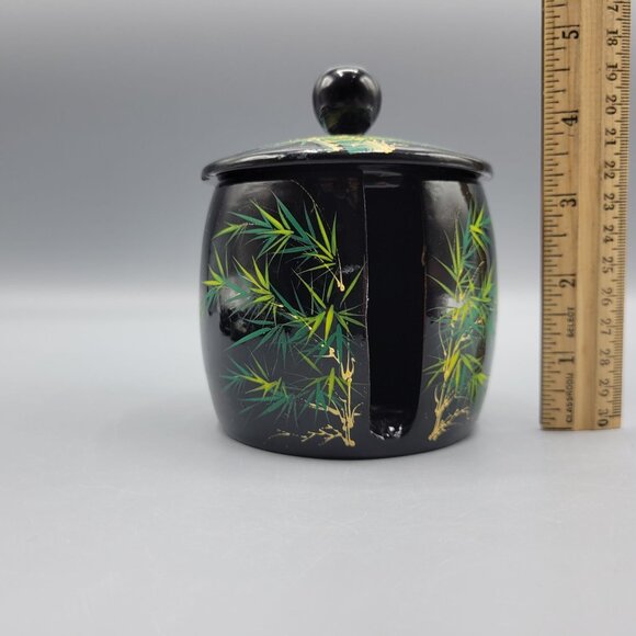 Vintage Asian Crane Bird and Bamboo Pattern Lacquered Coasters Set with Base - Picture 8 of 10